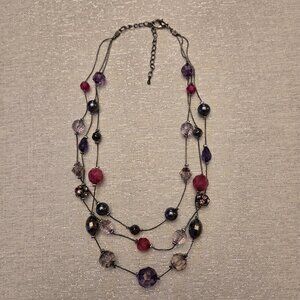 Beaded 3 Tier Gray & Purple Necklace - LOFT
